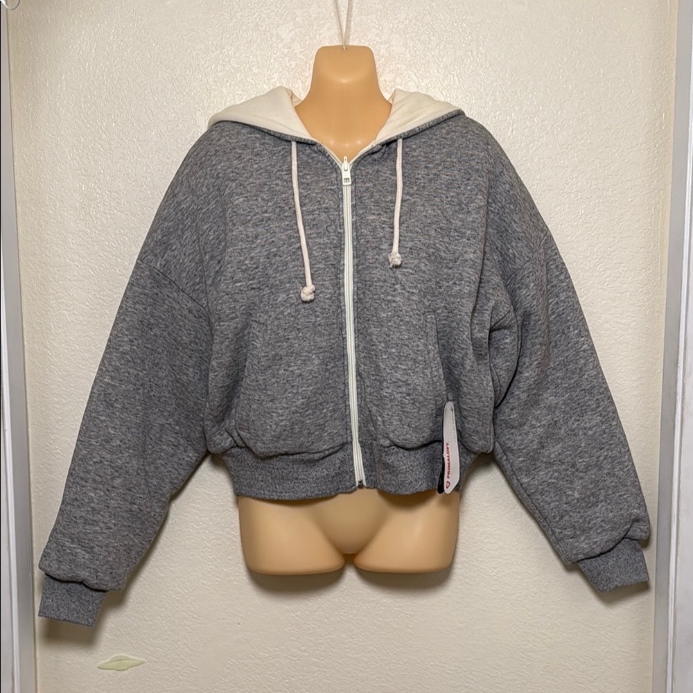 Madewell Reversible Puffer Gray Hoodie With Cream Hood And Cream Interior Small